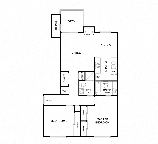 Floor plan for 2 beds, 2 baths, 904 sqft